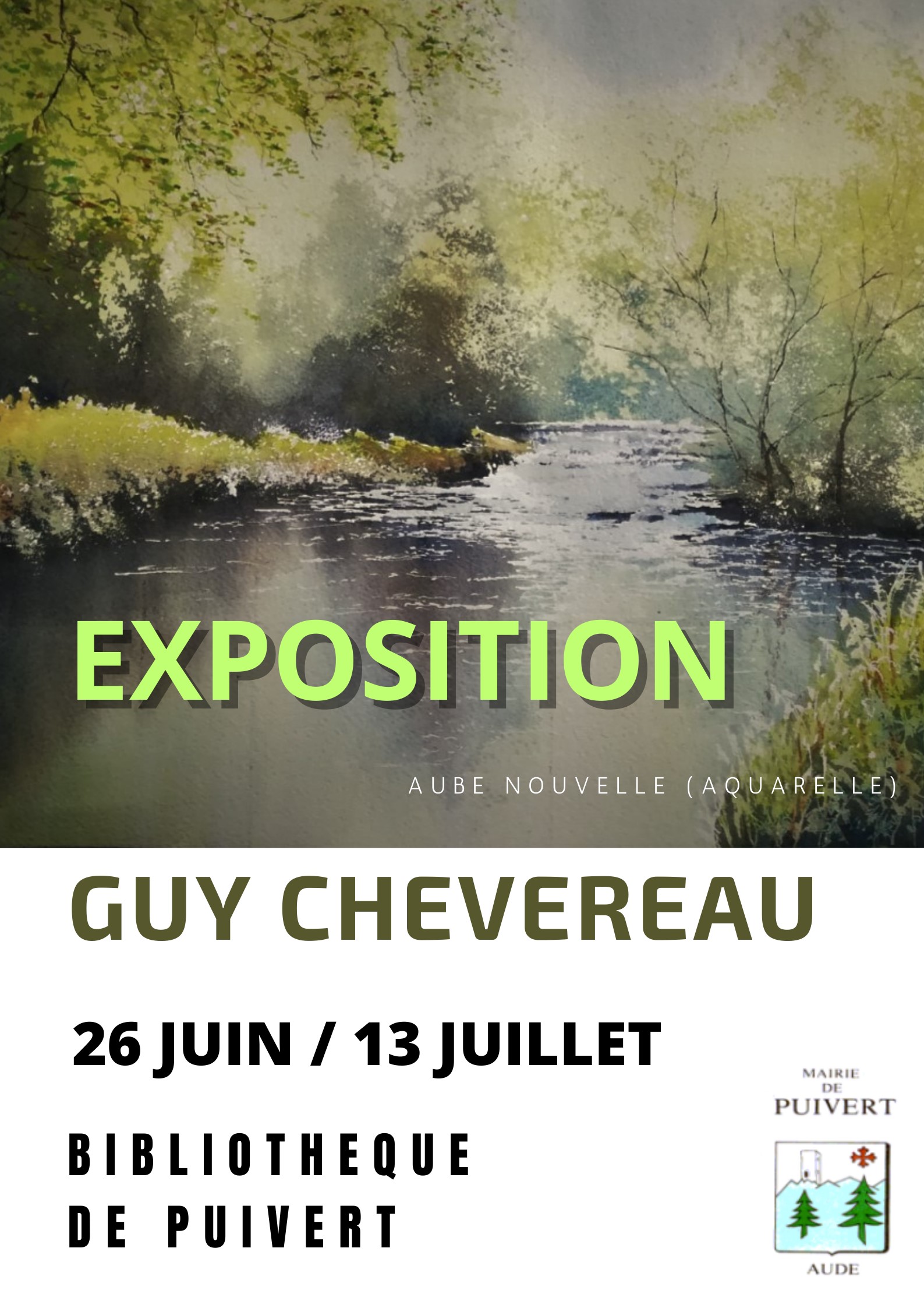 Exposition aquarelles Guy Chevreau Bibliothèque Puivert