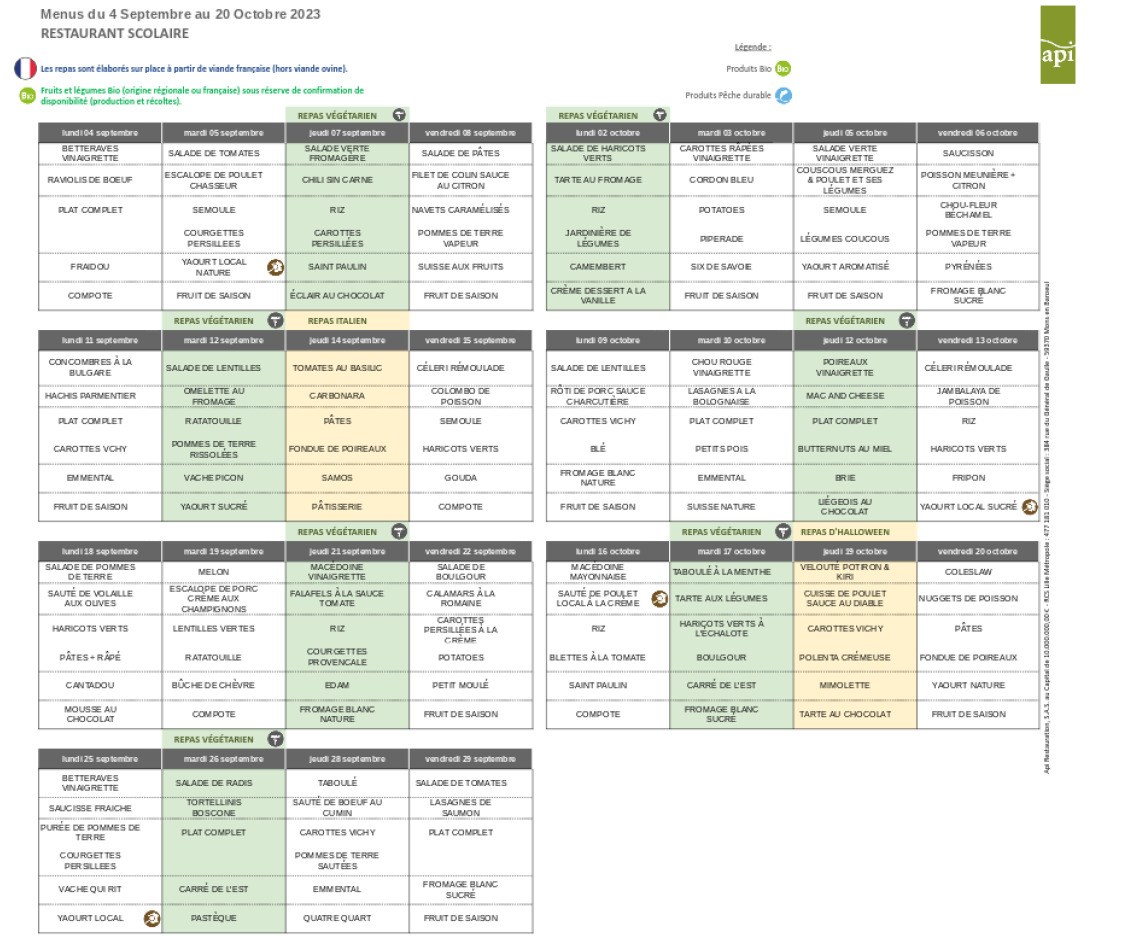 Menus de la cantine